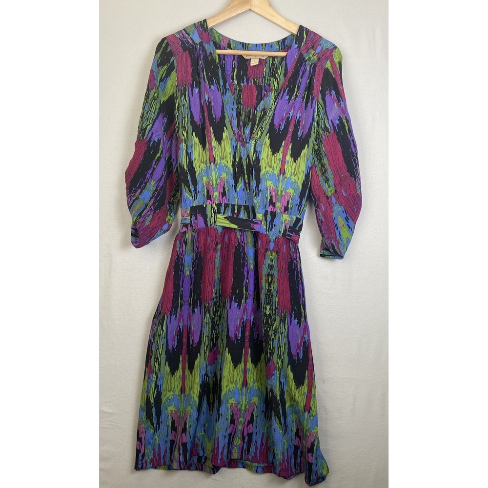 Presley Skye 100% Silk Watercolors Dress Pockets Women's Size L Roll Sleeve